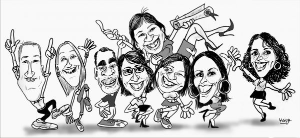 Caricatura de turmas em preto e branco.